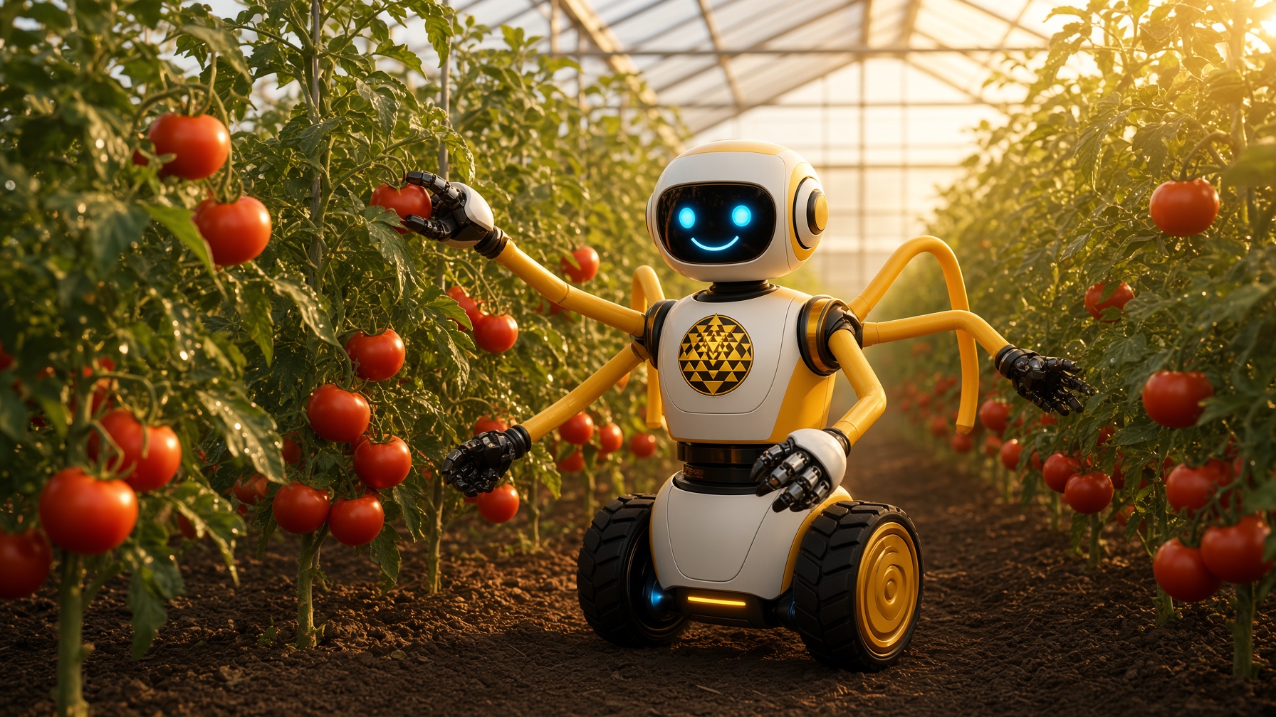 MahaaAi multi-arm robot in a greenhouse crop aisle